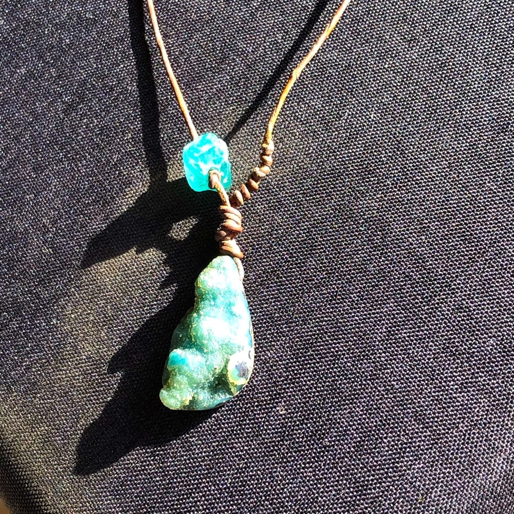 Handmade Raw Aquamarine And Natural Blue Druzzy with Lapis on Leather Cord